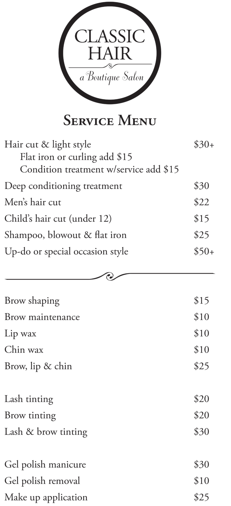 Classic Hair A Boutique Salon » Service Menu